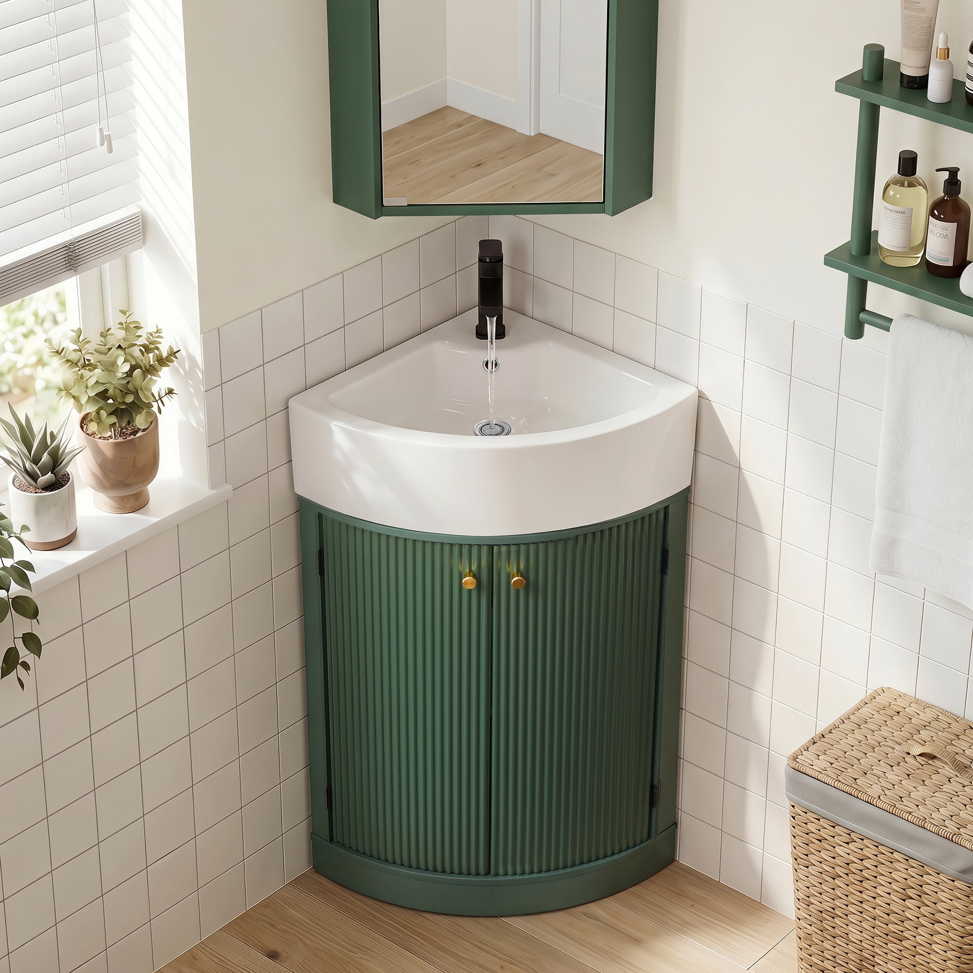 YOCWO Fluted Corner Bathroom Vanity with Sink,Freestanding Space-Saving Bathroom Vanity Sink Combo, Wall Drainage Only, Floor Drainage NO, Green