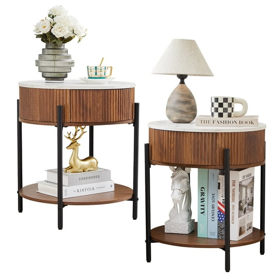 YOCWO Fluted Nightstand Set of 2 with Drawer for Bedroom, Wood Bedside Table with Round Faux Marble Tabletop, Walnut