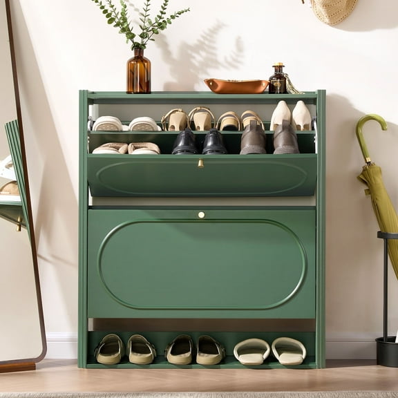 YOCWO Fluted Shoe Storage Cabinet with 2 Flip Drawers, Mid Century Wood Shoe Rack Organizer with Open Shelf, Freestanding Narrow Shoe Cabinet for Entryway Hallway, Green