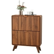 YOCWO Fluted Shoe Storage Cabinet with 2 Flip Drawers, Modern Wood Shoe Rack Organizer, Freestanding Narrow Shoe Cabinet for Entryway Hallway, Walnut