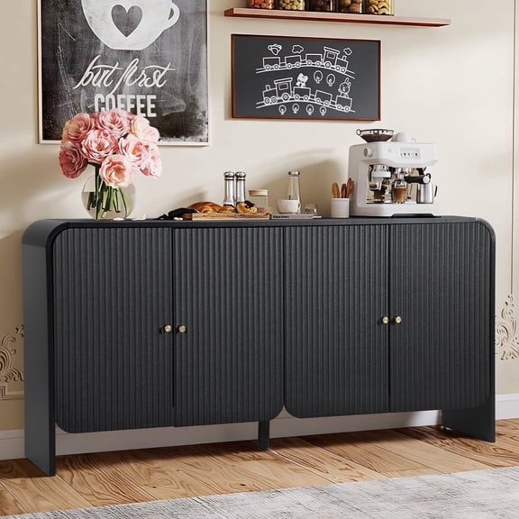 YOCWO Fluted Sideboard and Buffets, Buffet Storage Cabinet with 4 Doors and Adjustable Shelves, Accent Cabinet for Living Room Kitchen Entryway, Black