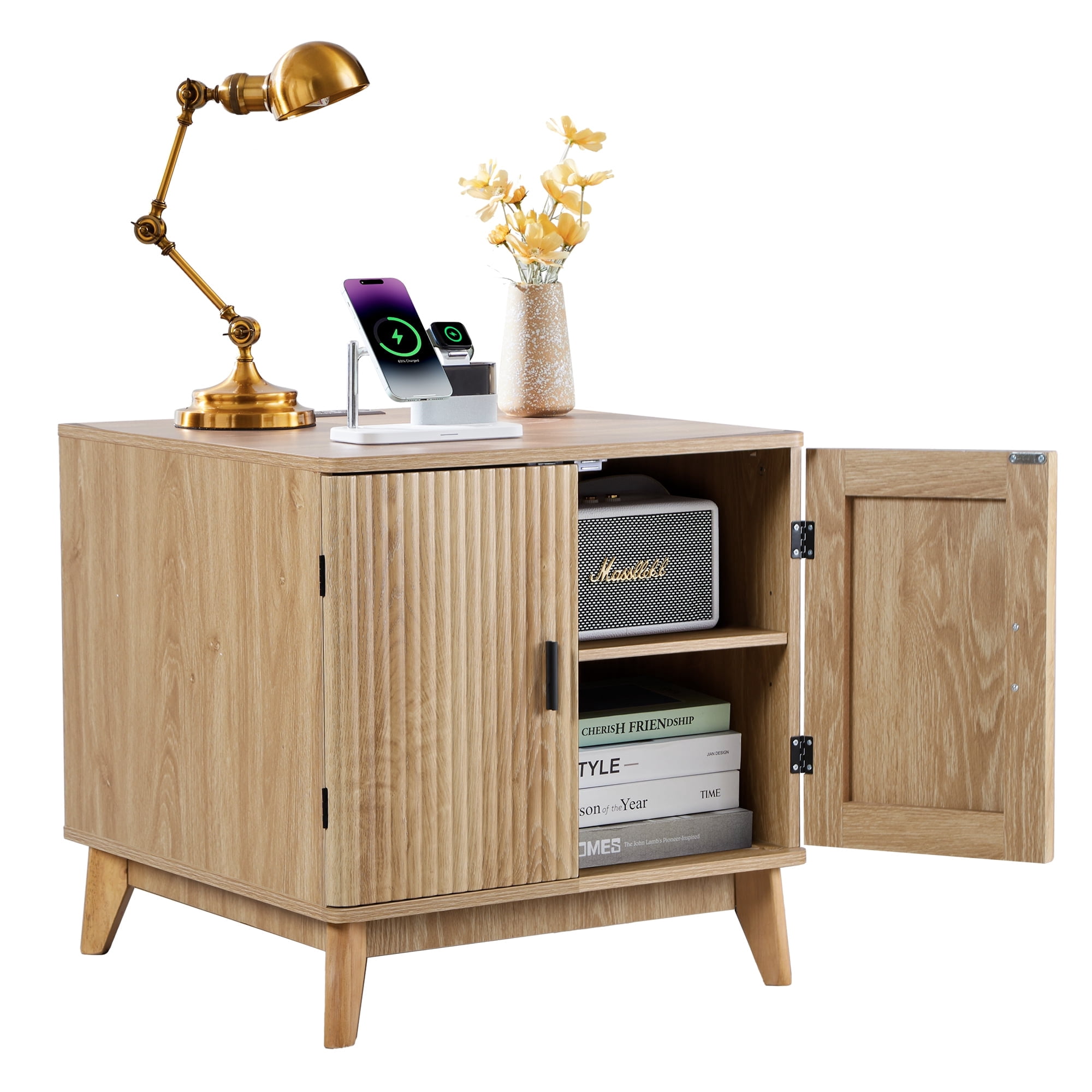 YOCWO Fluted Square Nightstand with Charging Station for Bedroom, Wood End Table with 2 Door for Living Room, Beige