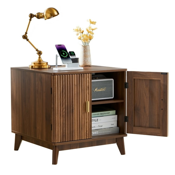 YOCWO Fluted Square Nightstand with Charging Station for Bedroom, Wood End Table with 2 Door for Living Room, Walnut