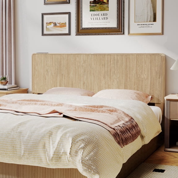 YOCWO Headboard for King Size Bed with Charging Station, Fluted Grooved Panel Head Board with Rounded Corners, Oak, Headboard Only(Bed Frame Not Included)