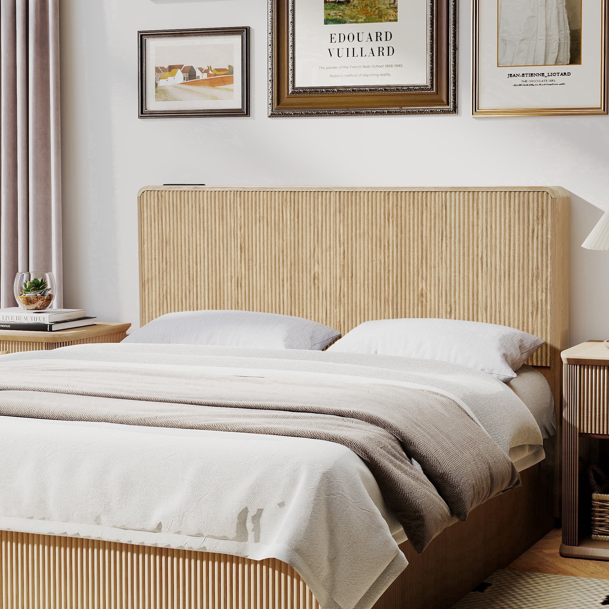 YOCWO Headboard for Queen Size Bed with Charging Station, Fluted Grooved Panel Head Board with Rounded Corners, Oak, Headboard Only(Bed Frame Not Included)