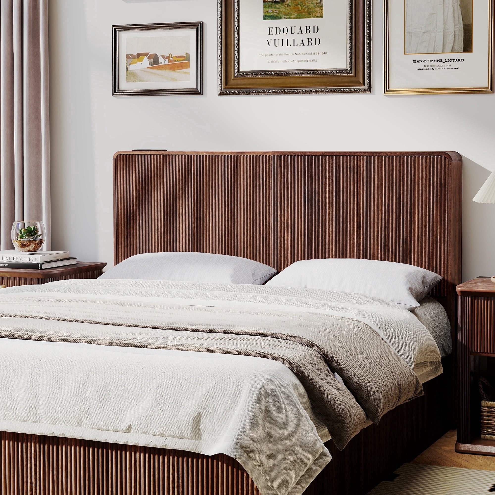 YOCWO Headboard for Queen Size Bed with Charging Station, Fluted Grooved Panel Head Board with Rounded Corners, Walnut, Headboard Only(Bed Frame Not Included)