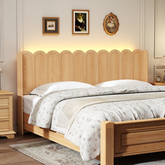 YOCWO King Size Headboard with LED Lights & Adjustable Height, Wave Panel Head Board with Rounded Corners, Natural, Headboard Only(Bed Frame Not Included)