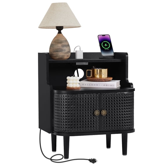 YOCWO Large Storage Nightstand with Charging Station Iron Rattern Pattern, Farmhouse Square End Table with 2 Door and Open Shelf for Bedroom Living Room, Black