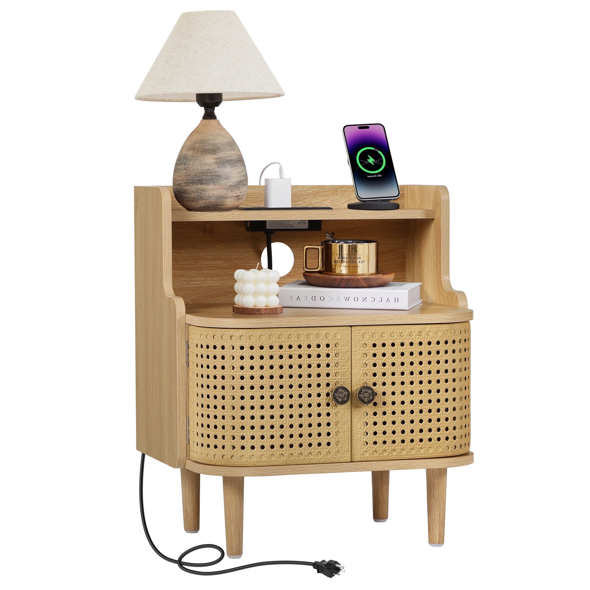 YOCWO Large Storage Nightstand with Charging Station Iron Rattern Pattern, Farmhouse Square End Table with 2 Door and Open Shelf for Bedroom Living Room, Natural