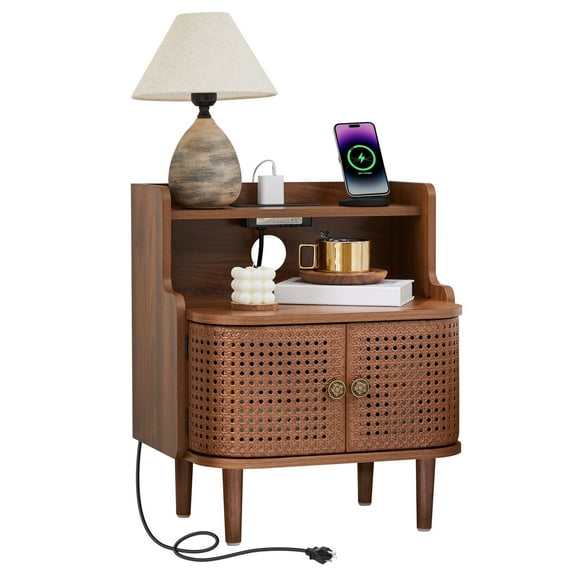 YOCWO Large Storage Nightstand with Charging Station Iron Rattern Pattern, Farmhouse Square End Table with 2 Door and Open Shelf for Bedroom Living Room, Walnut