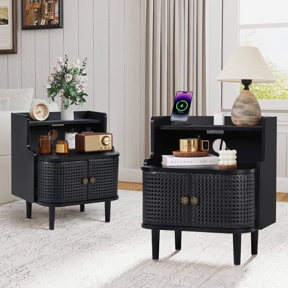 YOCWO Large Storage Nightstand Set of 2 with Charging Station Iron Rattern Pattern, Farmhouse Square End Table with 2 Door and Open Shelf for Bedroom Living Room, Black