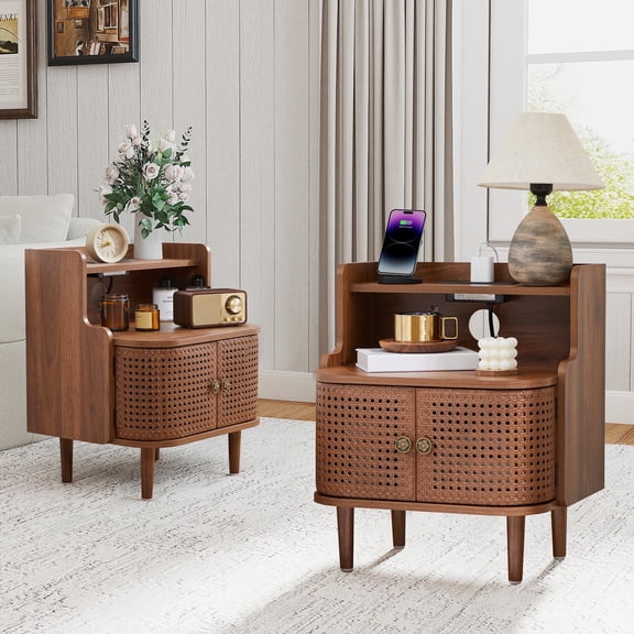 YOCWO Large Storage Nightstand Set of 2 with Charging Station Iron Rattern Pattern, Farmhouse Square End Table with 2 Door and Open Shelf for Bedroom Living Room, Walnut