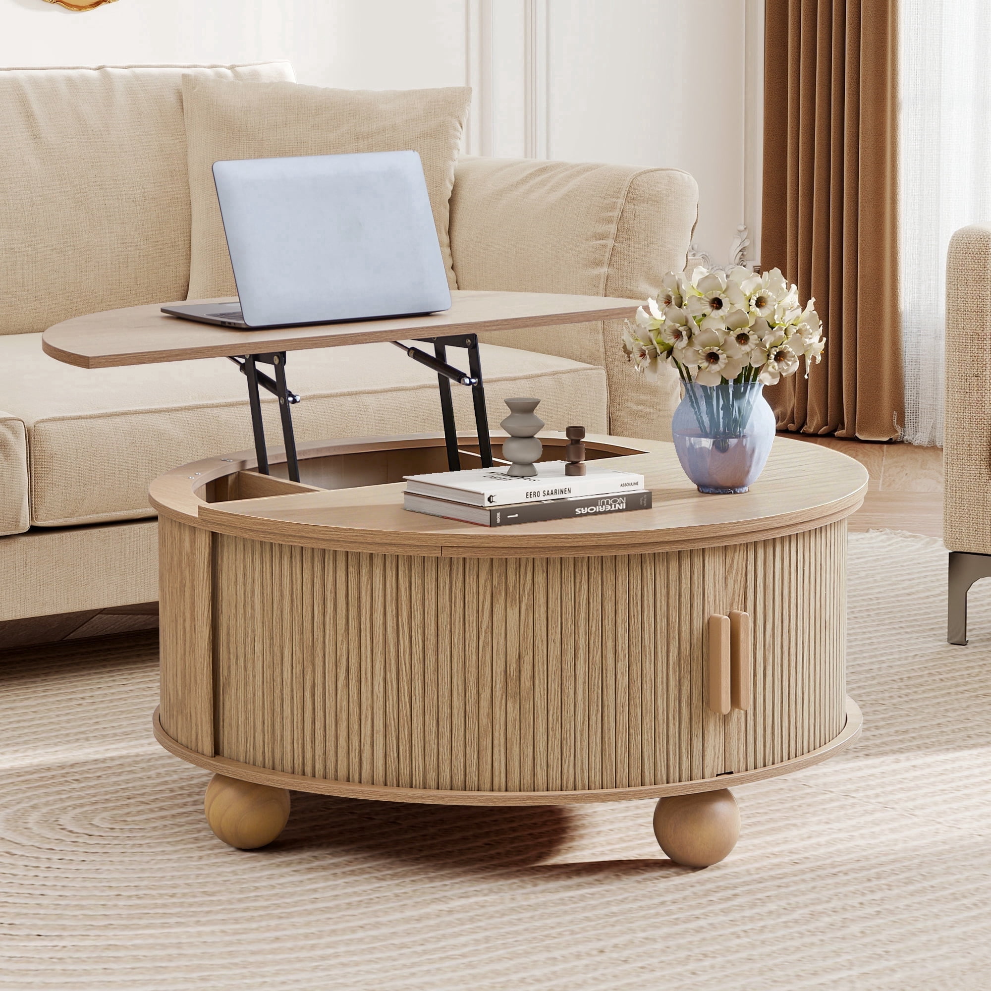 YOCWO Lift Top Coffee Table with Sliding Door and Round Leg, Fluted Round Coffee Table with Hidden Compartments Storage for Living Room, Natural