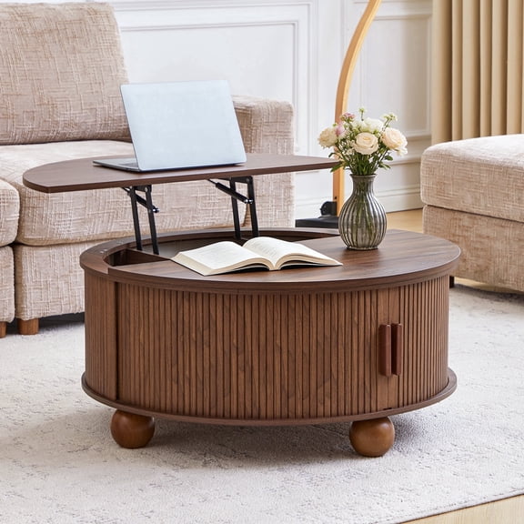 YOCWO Lift Top Coffee Table with Sliding Door and Round Leg, Fluted Round Coffee Table with Hidden Compartments Storage for Living Room, Walnut