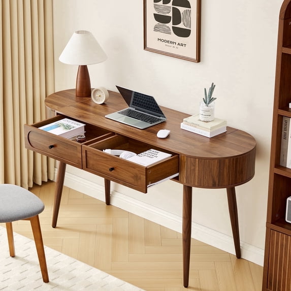 YOCWO Modern Home Office Desk with 2 Drawers and 2 Flip-top Storage, Oval Computer PC Desk Table, Vanity Desk with Fluted Curved Table Edge, Walnut