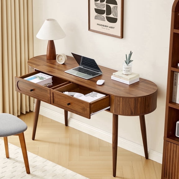 YOCWO Modern Home Office Desk with 2 Drawers and 2 Flip-top Storage, Oval Computer PC Desk Table, Vanity Desk with Fluted Curved Table Edge, Walnut