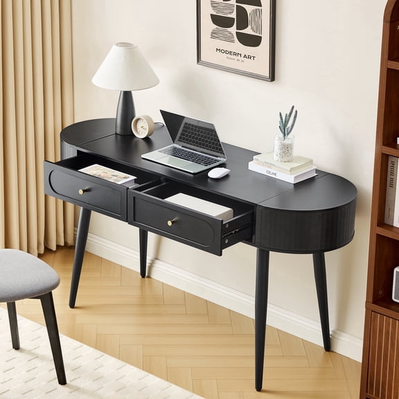 YOCWO Modern Home Office Desk with 2 Drawers and 2 Flip-top Storage, Oval Computer PC Desk Table, Vanity Desk with Fluted Curved Table Edge, Black