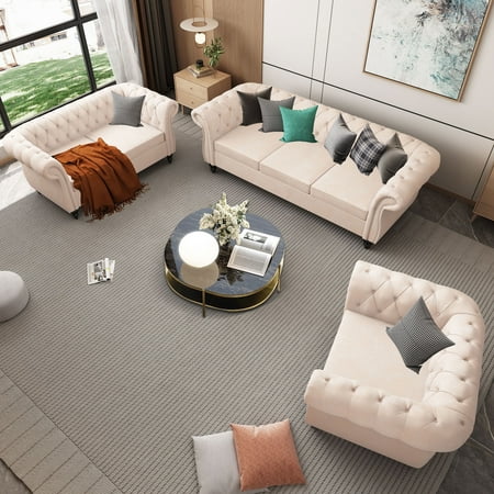 YOCWO Modern Living Room Set,3 Piece Sofa Including Three Seat Sofa, Loveseat and Single Chair(Beige)
