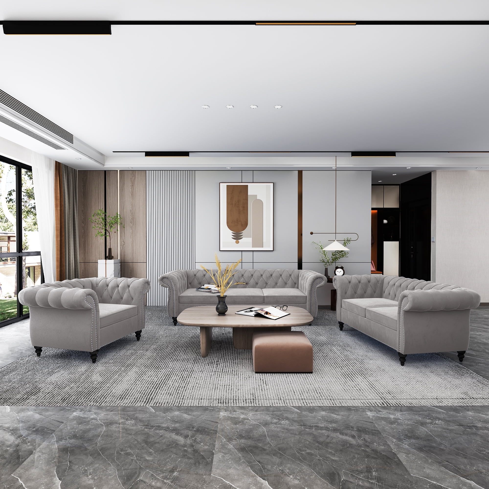 YOCWO Modern Living Room Set, 3 Piece Sofa with Including Three Seat Sofa, Loveseat and Single Chair(Gray)