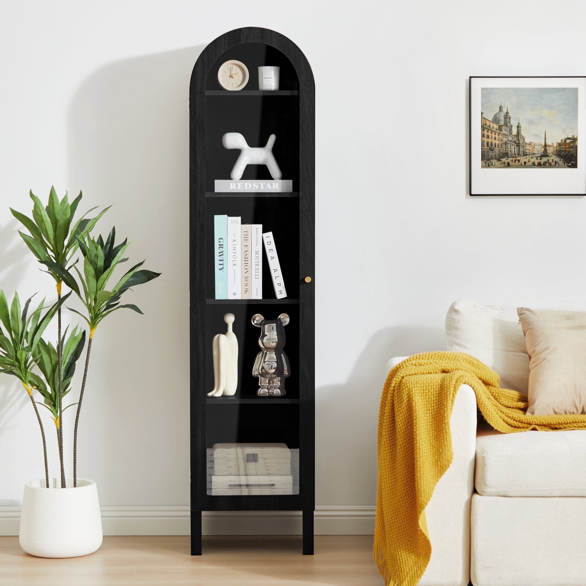YOCWO Narrow Arched Bookcases with 5 Adjustable Shelves, Wooden Bookshelf wih Glass Door for Living Room Office, Black