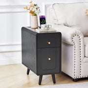 YOCWO Narrow End Table with Charging Station, Slim Nightstand Side Table with Drawer and Door for Living Room Bedroom, Black