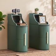 YOCWO Narrow Nightstand Set of 2 with 2 Drawers and Open Shelf, Small Side Table with Curved Front and Gold Handles, Slim Bedside Table for Bedroom, Living Room, or Small Spaces, Green Finish