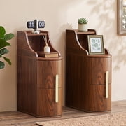 YOCWO Narrow Nightstand Set of 2 with 2 Drawers and Open Shelf, Small Side Table with Curved Front and Gold Handles, Slim Bedside Table for Bedroom, Living Room, or Small Spaces, Walnut Finish