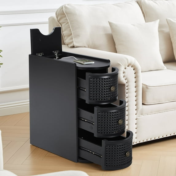 YOCWO Narrow Nightstand with Charging Station, Farmhouse Slim End Table with 3 Drawer and Open Shelf for Bedroom Small Spaces, Black