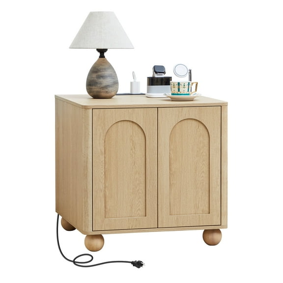 YOCWO Natural Square End Table with Charging Stations for Living Room, Wood Bedside Table with Arched Fluted and Open Storage