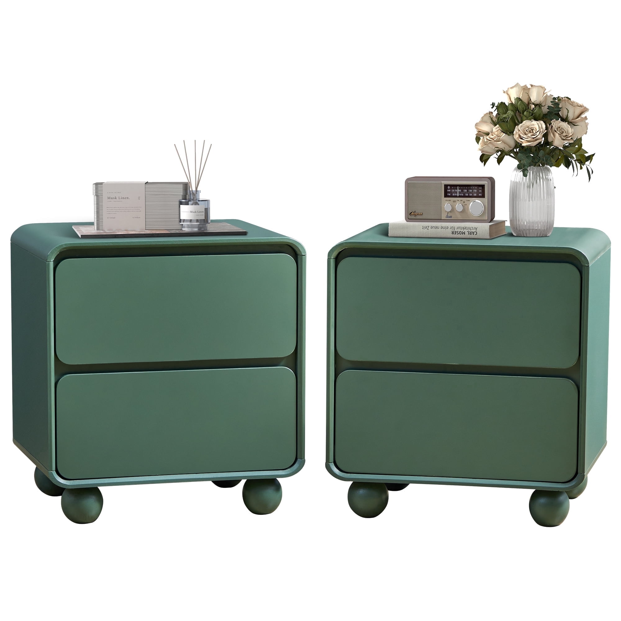 YOCWO Nightstand Set of 2 for Bedroom, Mid Century Bedside Table with Arc Edge and Round Leg, Wood Storage Chest of Drawer Organizer for Bedroom Living Room Hallway Closet, Green