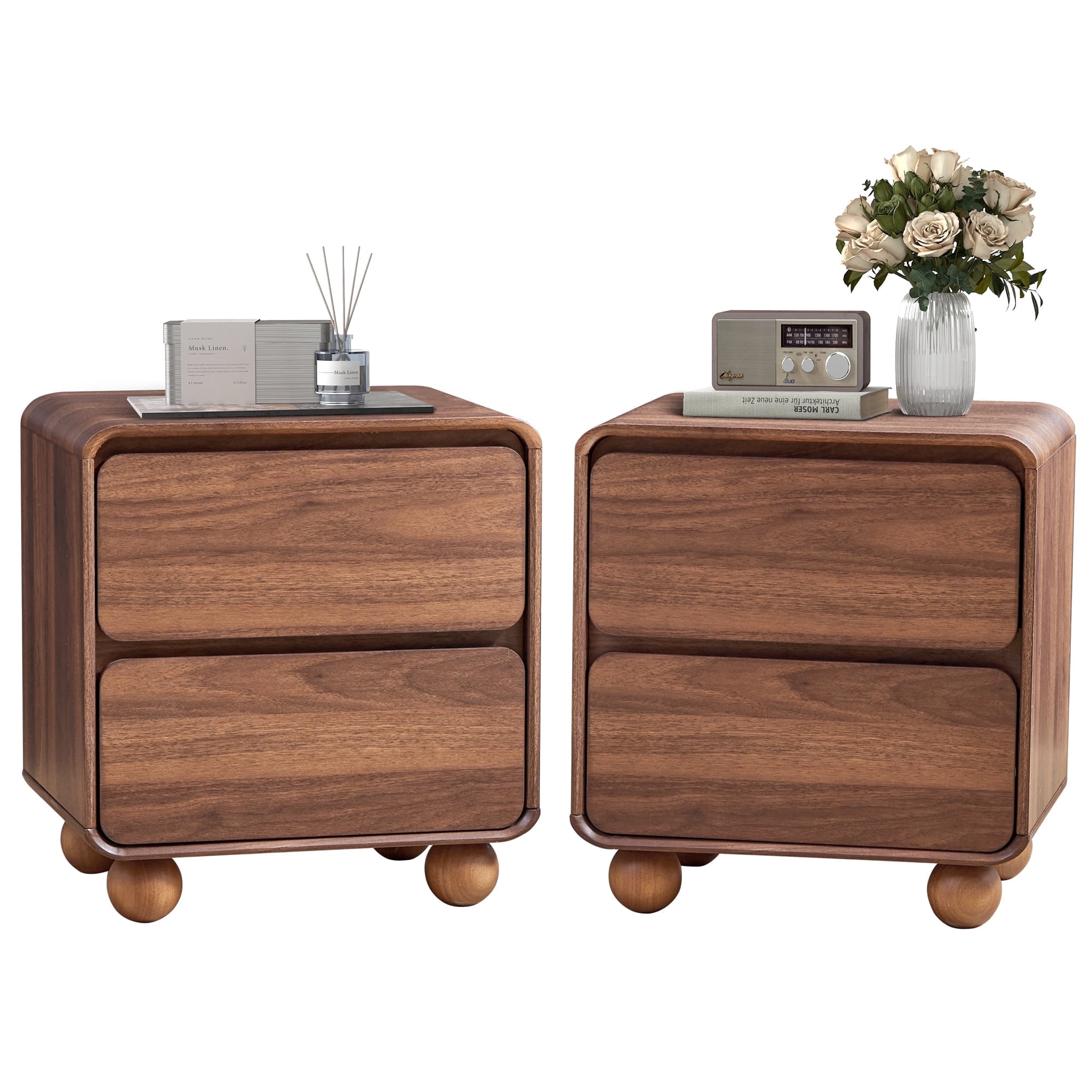 YOCWO Nightstand Set of 2 for Bedroom, Mid Century Bedside Table with Arc Edge and Round Leg, Wood Storage Chest of Drawer Organizer for Bedroom Living Room Hallway Closet, Walnut