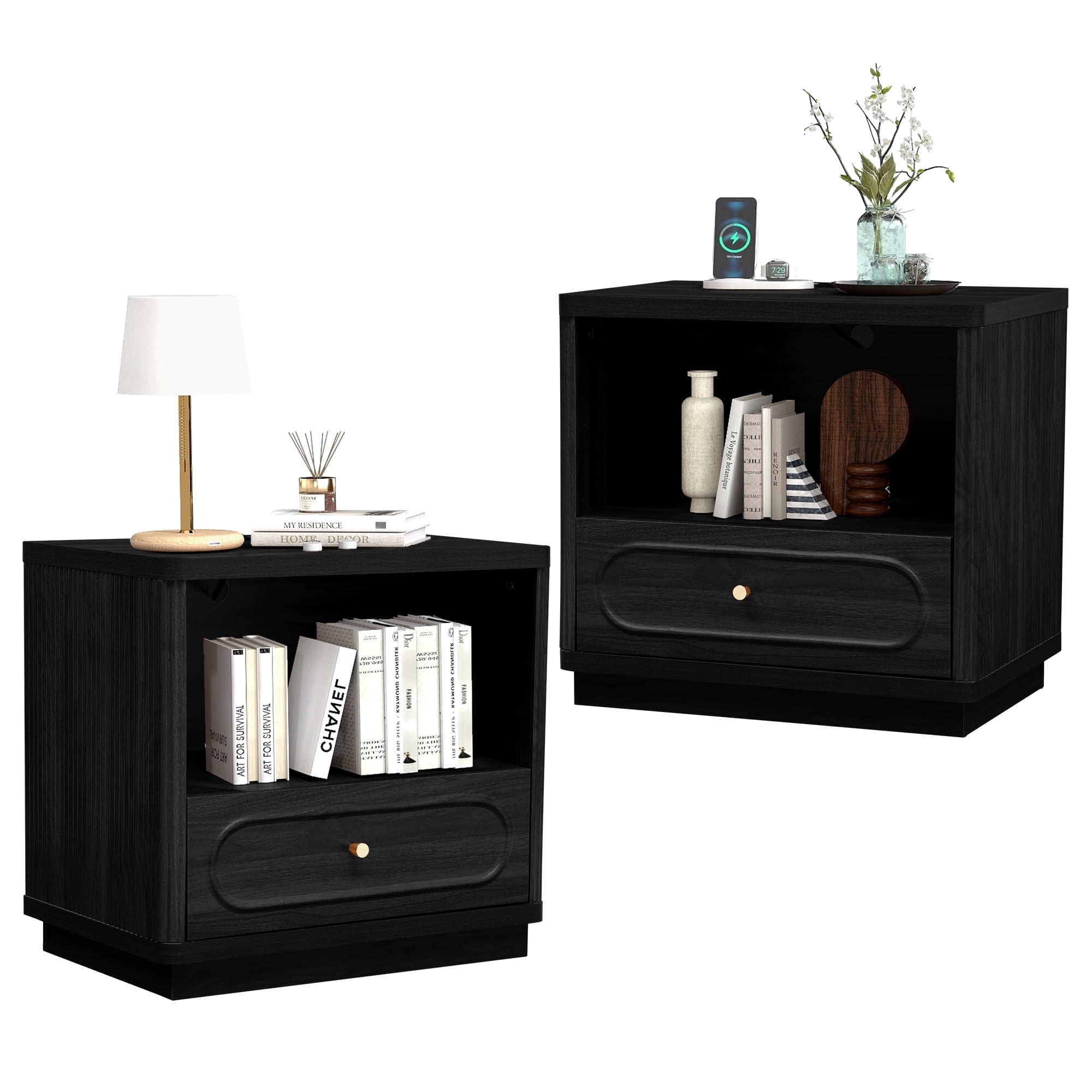 YOCWO Nightstand Set of 2 with Drawers and Charging Station for Bedroom, Mid Century Bedside Table with Open Shelf for Storage, Arched Drawer and Fluted Side, Black