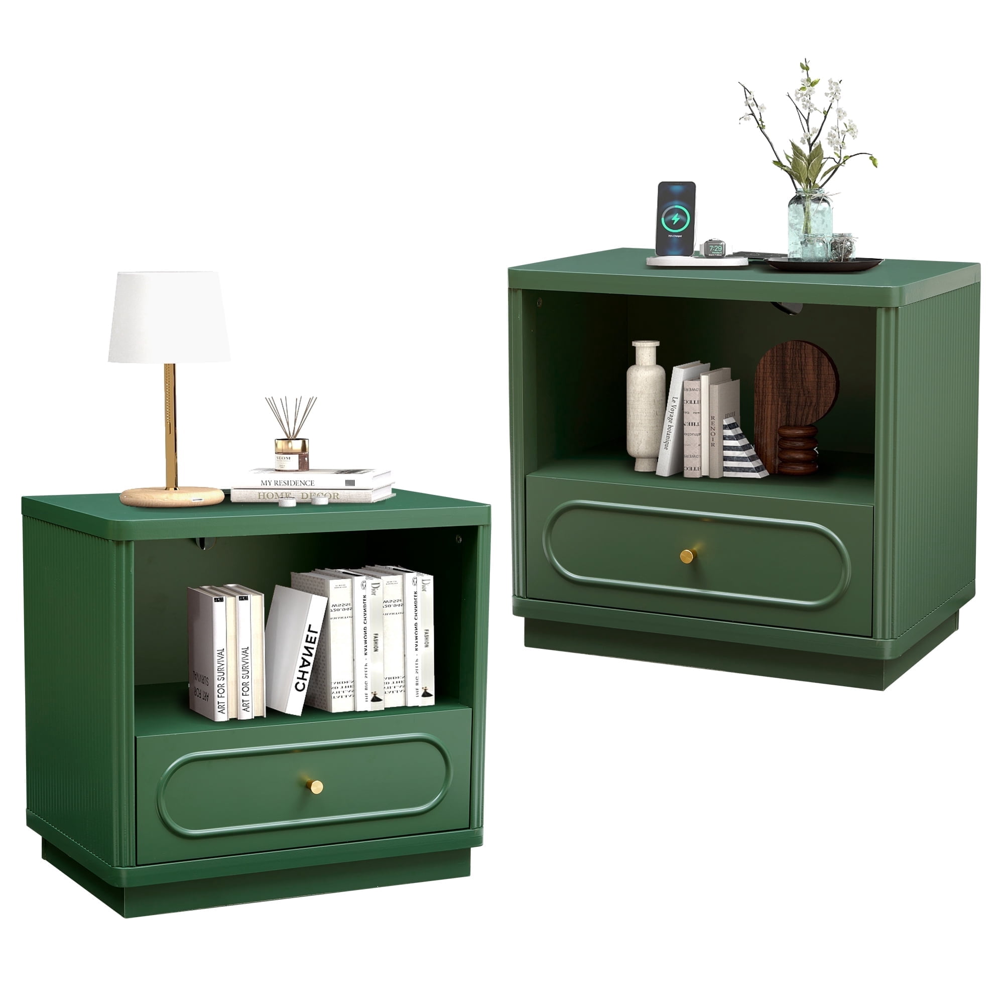 YOCWO Nightstand Set of 2 with Drawers and Charging Station for Bedroom, Mid Century Bedside Table with Open Shelf for Storage, Arched Drawer and Fluted Side, Green