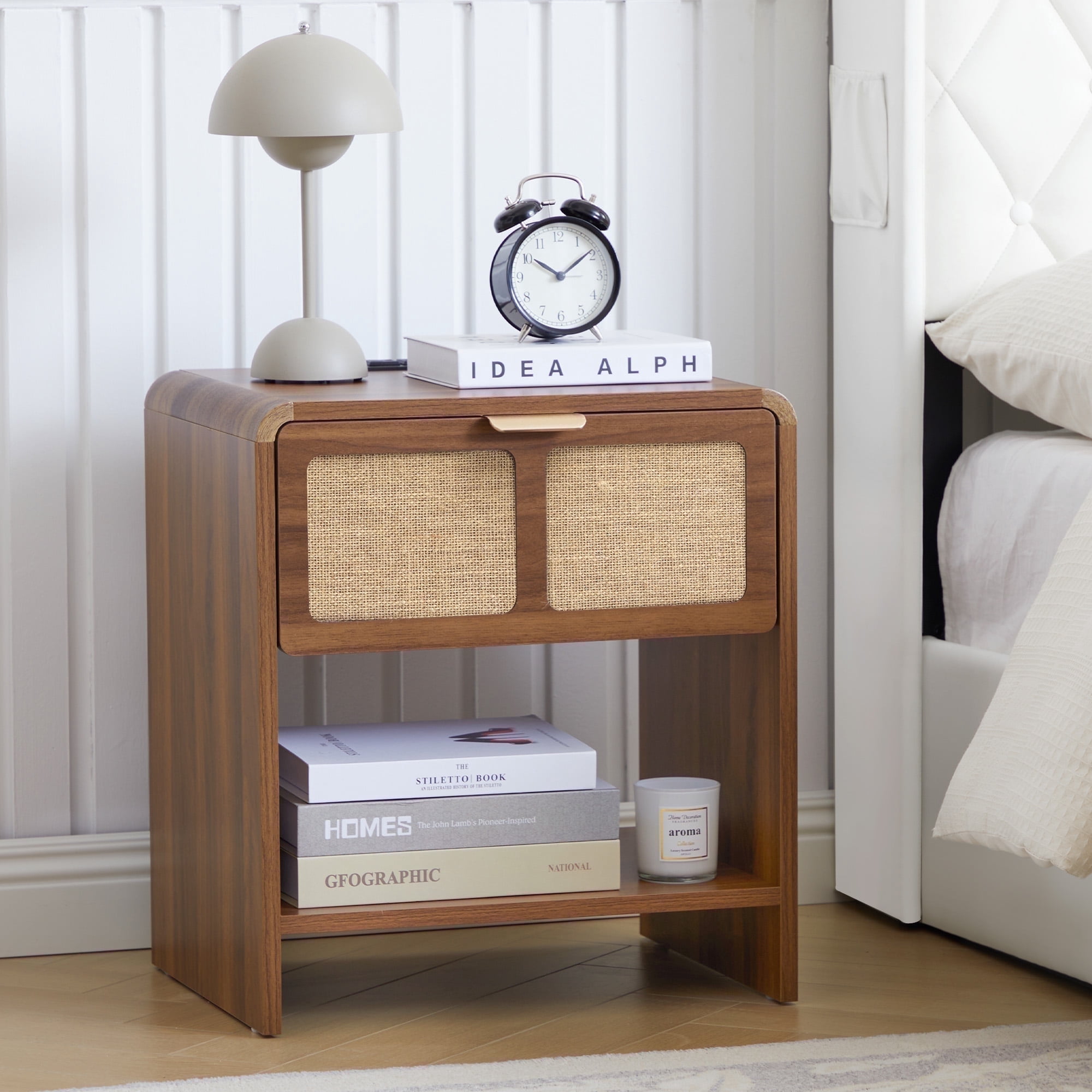 YOCWO Nightstand with Charging Station for Bedroom, Linen Bedside Table with Drawers, Walnut