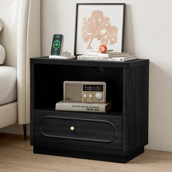 YOCWO Nightstand with Drawers and Charging Station, Mid Century Bedside Table with Open Shelf for Storage, Arched Drawer and Fluted Side, Black