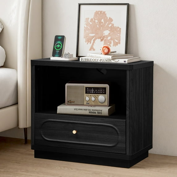 YOCWO Nightstand with Drawers and Charging Station, Mid Century Bedside Table with Open Shelf for Storage, Arched Drawer and Fluted Side, Black