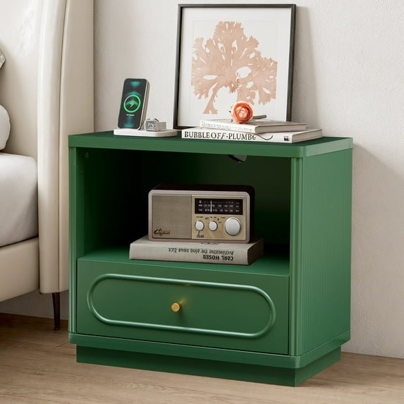 YOCWO Nightstand with Drawers and Charging Station, Mid Century Bedside Table with Open Shelf for Storage, Arched Drawer and Fluted Side, Green
