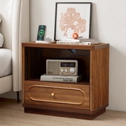 YOCWO Nightstand with Drawers and Charging Station, Mid Century Bedside Table with Open Shelf for Storage, Arched Drawer and Fluted Side, Walnut