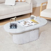 YOCWO Oval Coffee Table for Living Room with Wave Base, Mordern MDF Coffee Table for Apartment Small Space with Marble Veneer Finish, White