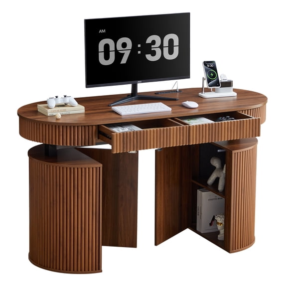 YOCWO Oval Electric Computer Desk 55 Inch, Farmhouse Fluted Height Adjustable Standing Desk with Recessed Power Stripe & Hidden Storage, Home Office Corner Workstation, Walnut