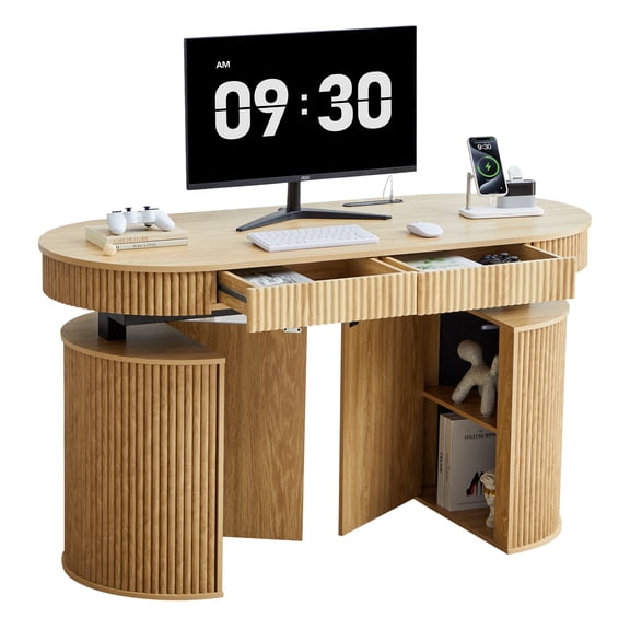 YOCWO Oval Electric Computer Desk 55 Inch, Farmhouse Fluted Height Adjustable Standing Desk with Recessed Power Stripe & Hidden Storage, Home Office Corner Workstation, Natural