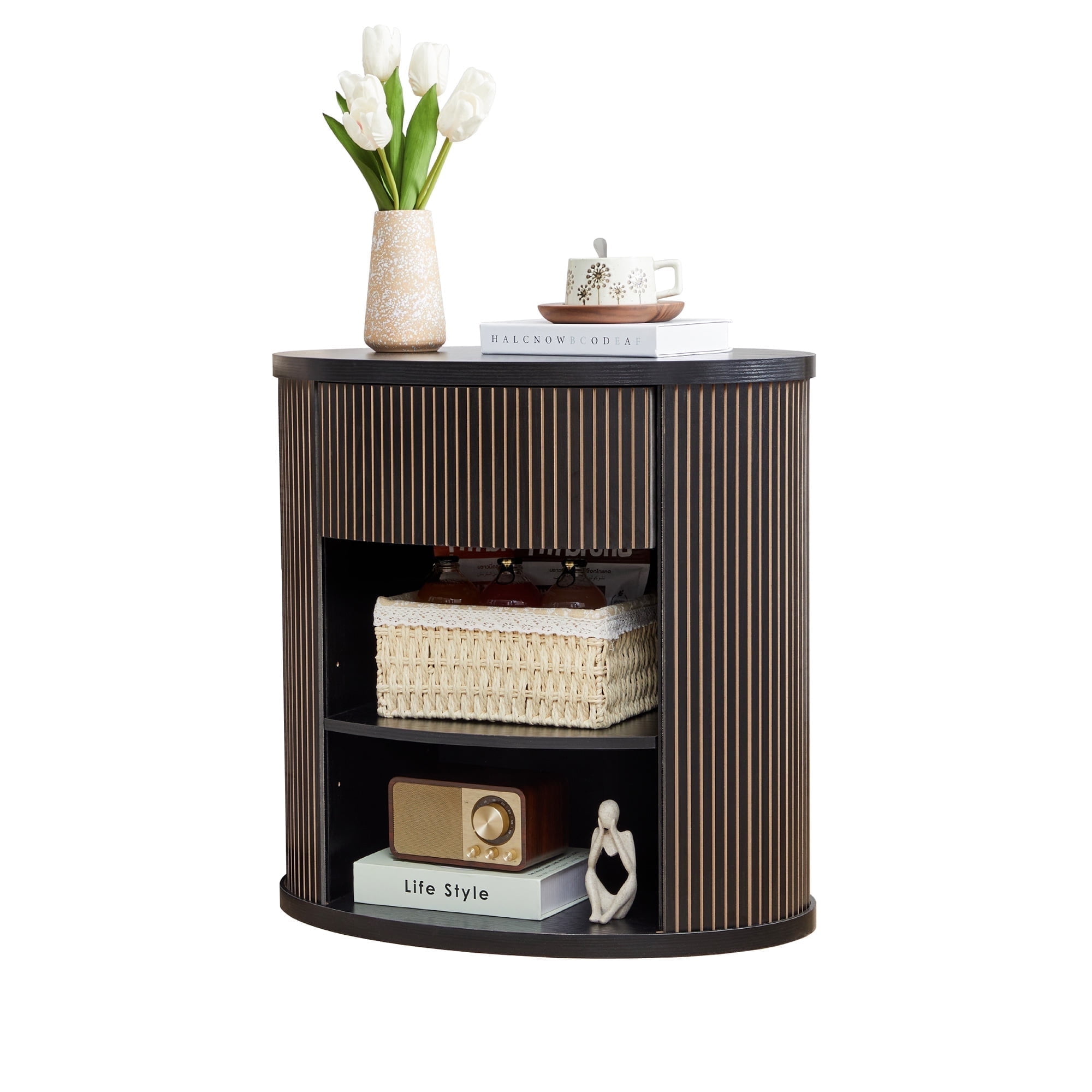 YOCWO Oval Nightstand with 1 Drawer and Adjustable Shelf for Bedroom with Carved Line Design, Round End tables for Living Room, Black