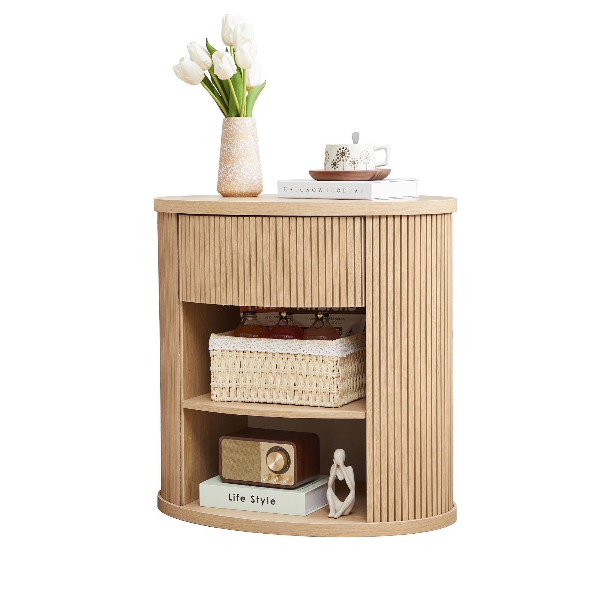 YOCWO Oval Nightstand with 1 Drawer and Adjustable Shelf for Bedroom with Carved Line Design, Round End tables for Living Room, Natural