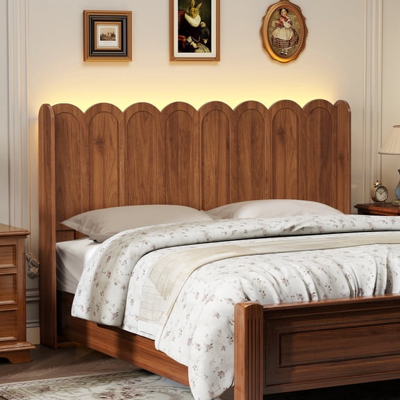 YOCWO Queen Size Headboard with LED Lights & Adjustable Height, Wave Panel Head Board with Rounded Corners, Walnut, Headboard Only(Bed Frame Not Included)
