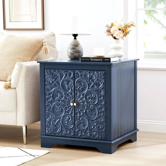 YOCWO Retro Square Nightstand with Carvings and Lines, 24" Vintage End Table with Door for Living Room and Bedroom, Blue