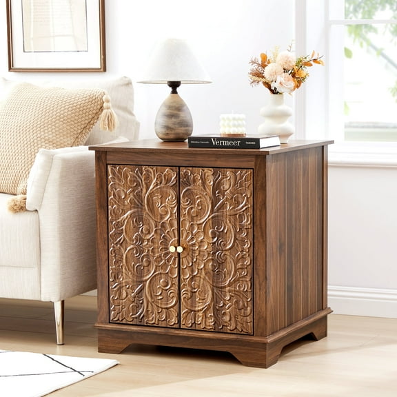 YOCWO Retro Square Nightstand with Carvings and Lines, 24" Vintage End Table with Door for Living Room and Bedroom, Walnut