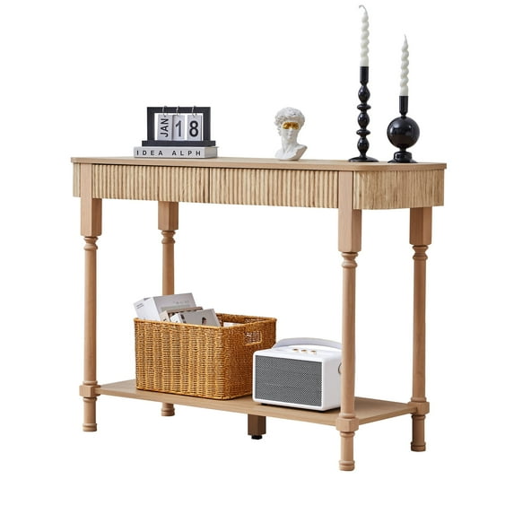 YOCWO Roman Column Console Table, Fluted Sofa Table with 2 Drawer and Open Shelf for Storage, Mid Century Modern Entryway Table for Living Room Hallway, Natural