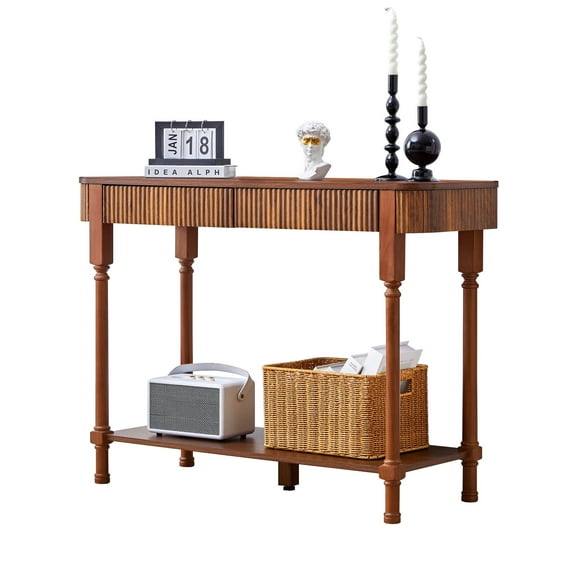 YOCWO Roman Column Console Table, Fluted Sofa Table with 2 Drawer and Open Shelf for Storage, Mid Century Modern Entryway Table for Living Room Hallway, Walnut