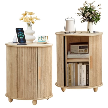 YOCWO Round End Table Set of 2 with Charging Station, Vertical Strip Side Tables with Sliding Door Storage for Living Room, Natural