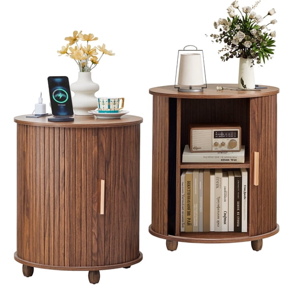 YOCWO Round End Table Set of 2 with Charging Station, Vertical Strip Side Tables with Sliding Door Storage for Living Room, Walnut